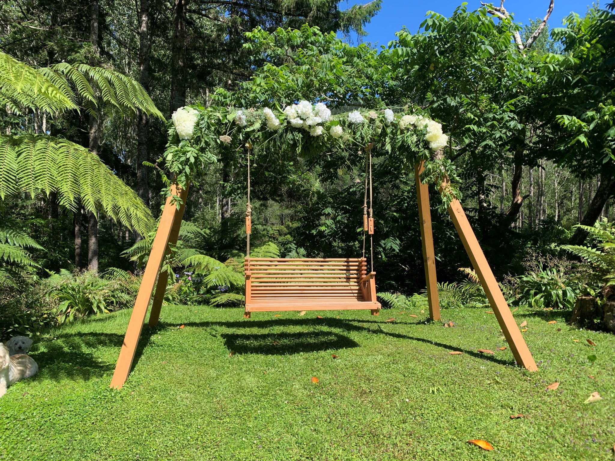 Mo & Co swing and natural frame in a garden setting
