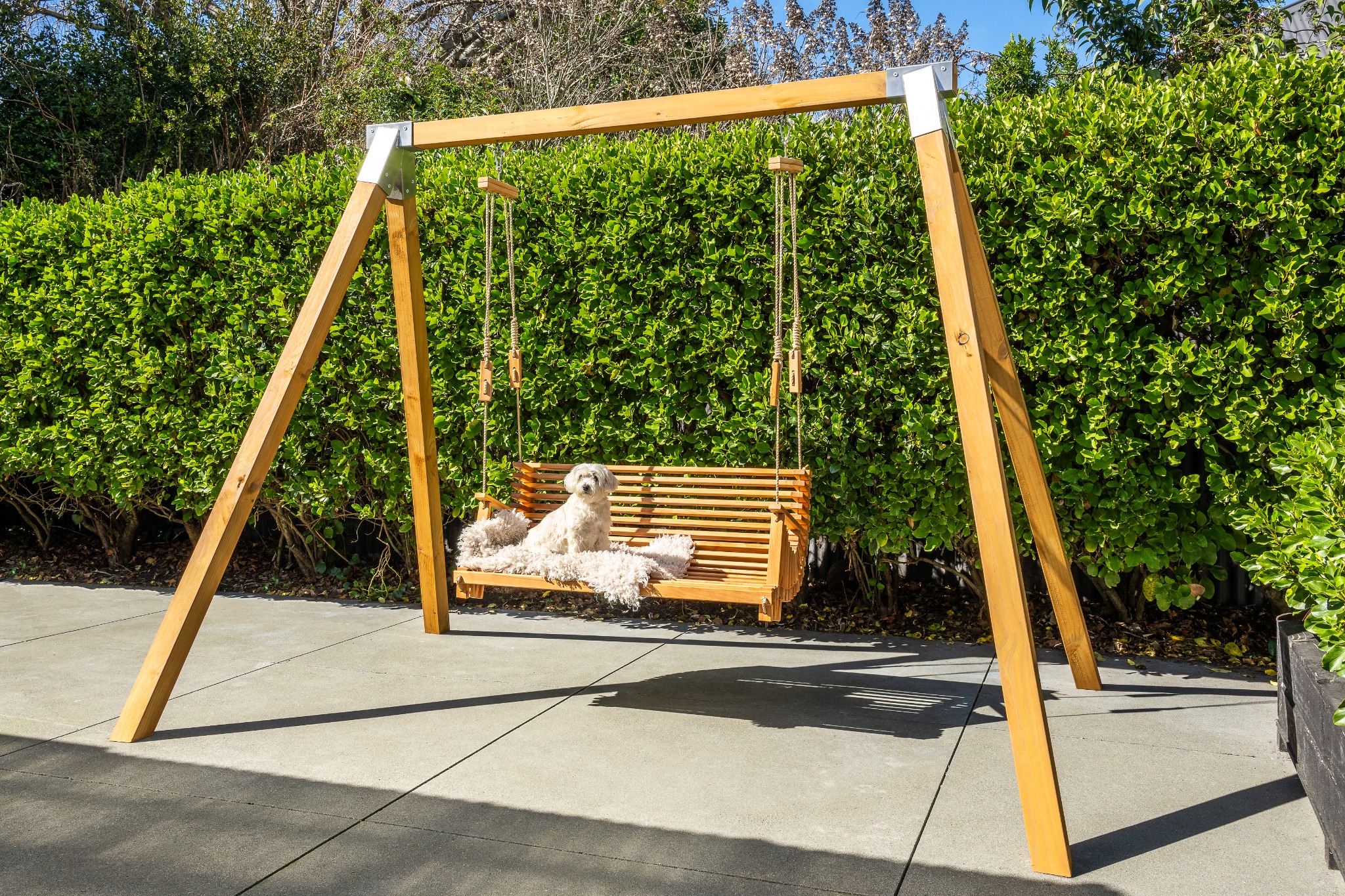 Mo & Co swing and natural frame in a sunny garden setting